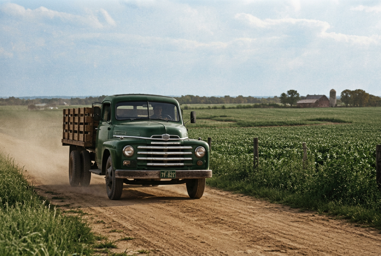 A vintage farm truck on a dirt road past open fields