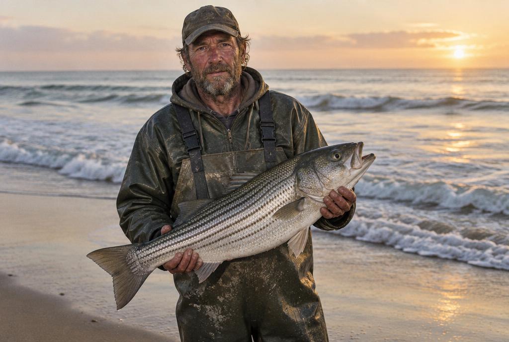 A local fisherman in waders on the shore at dawn, holding a fresh wild striped bass