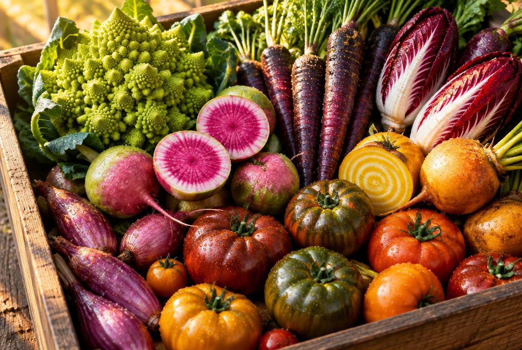 Hands packing a wooden harvest crate with fresh vegetables