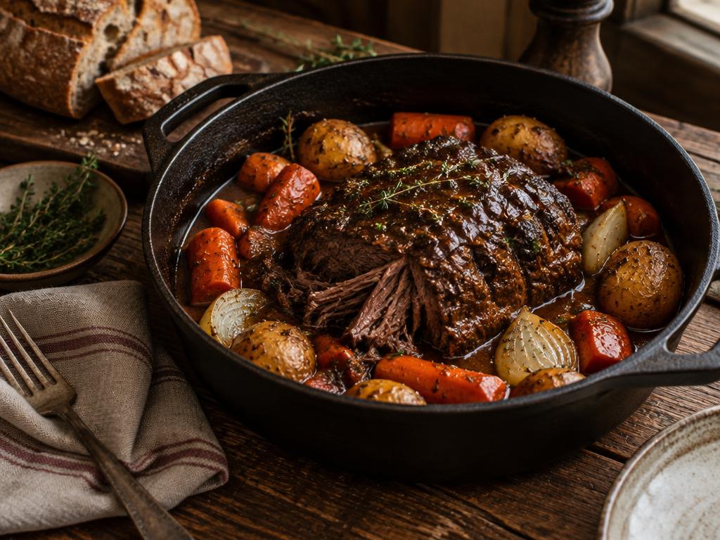 Slow-braised beef with vegetables in a ceramic dish
