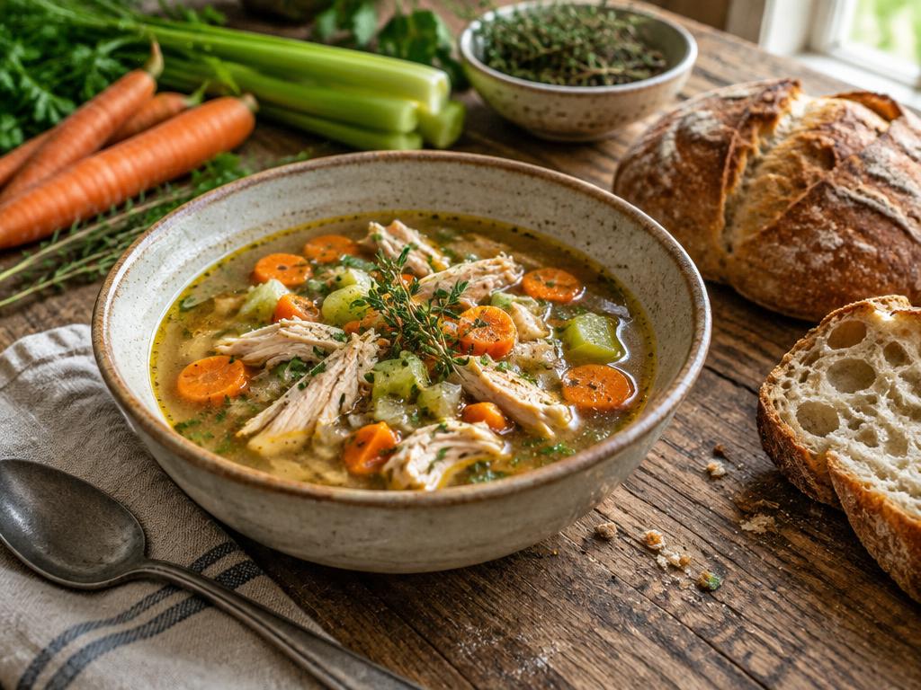 Chicken and vegetable soup with crusty bread