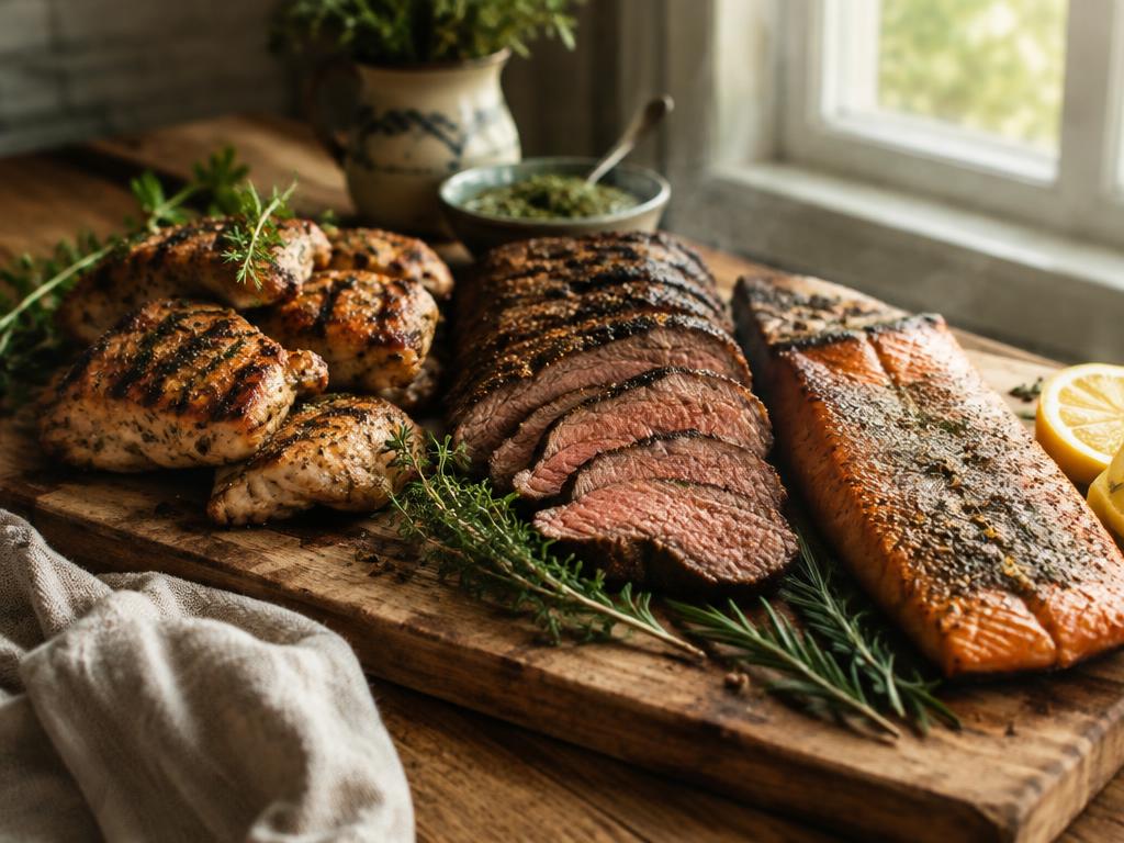 Marinated chicken, roasted beef and smoked fish on a wooden board