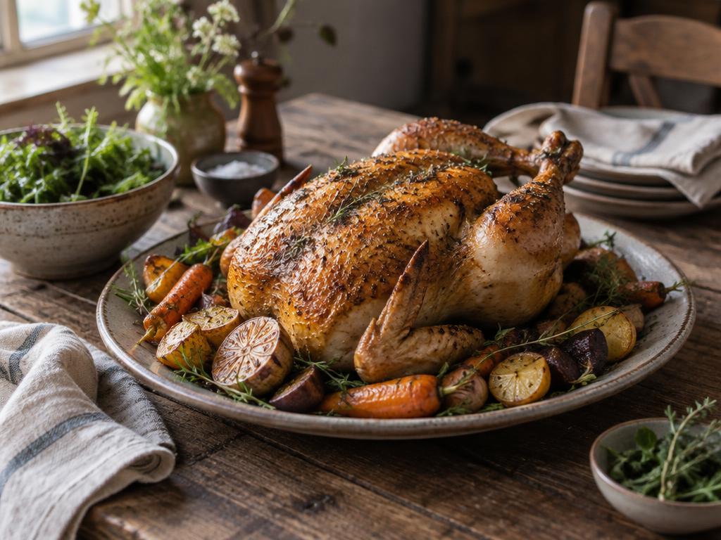 Roasted chicken with root vegetables on a ceramic platter