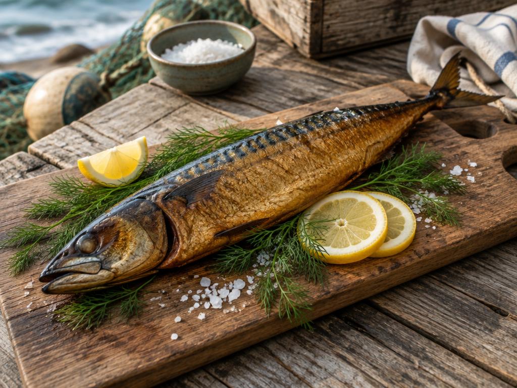 Whole smoked fish with lemon and dill on a wooden board