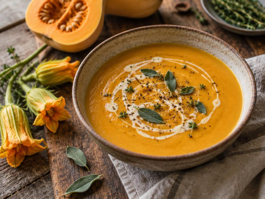Roasted squash soup with cream and sage in a ceramic bowl