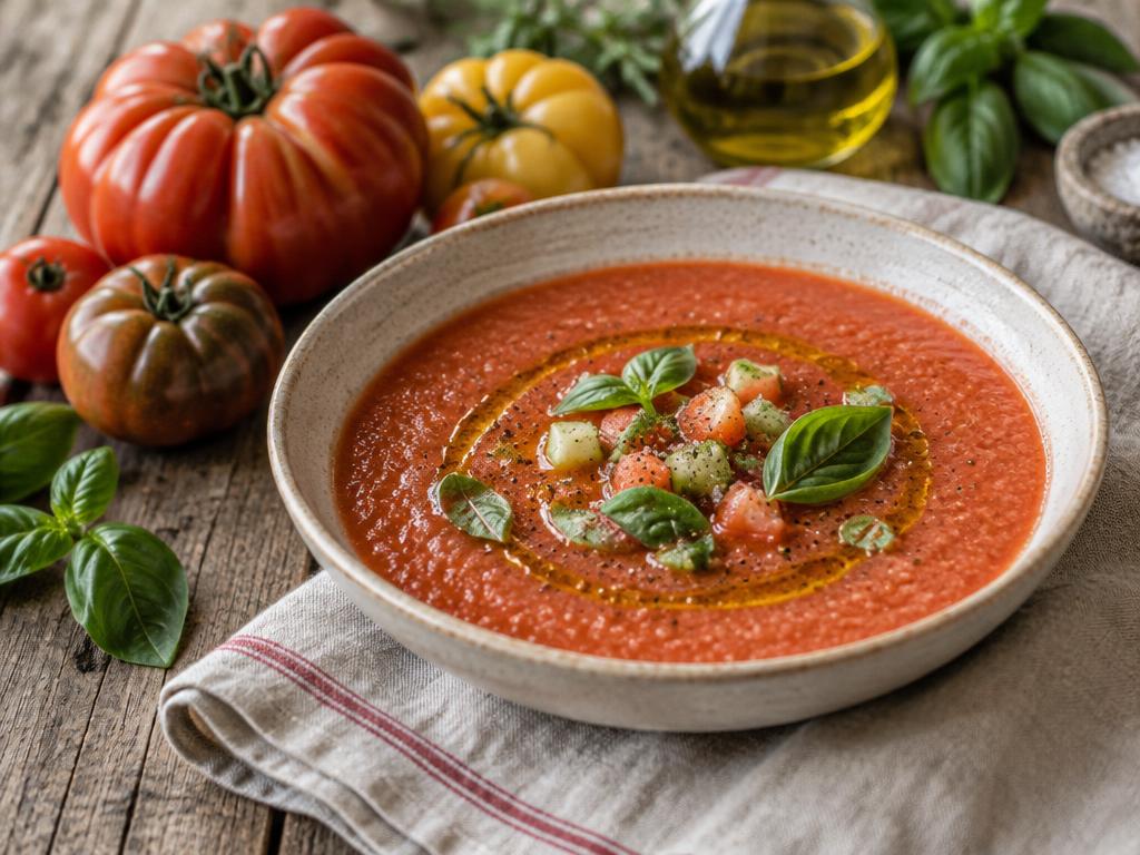 Chilled heirloom tomato soup with basil and olive oil