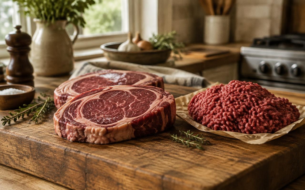 Grass-fed ribeye steak and ground beef on a butcher board