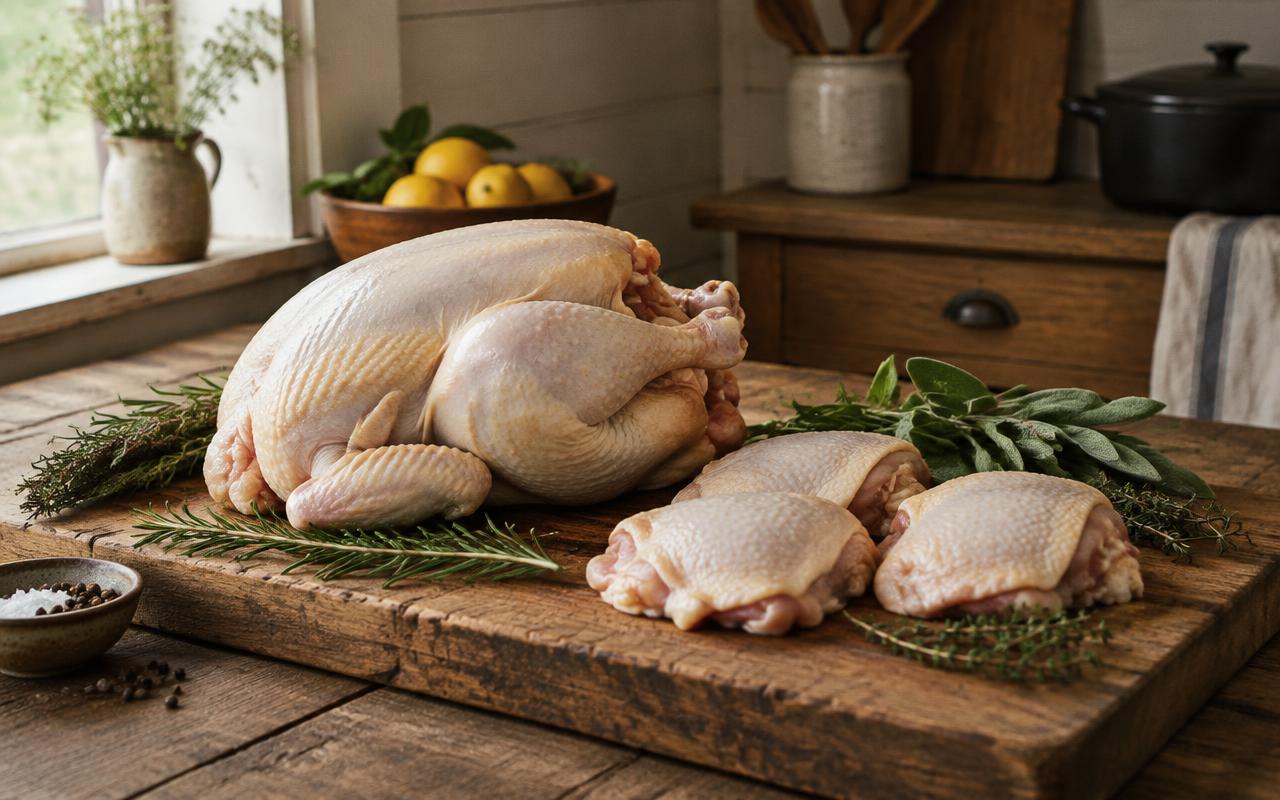 Pasture-raised whole chicken and thighs with herbs on a butcher board