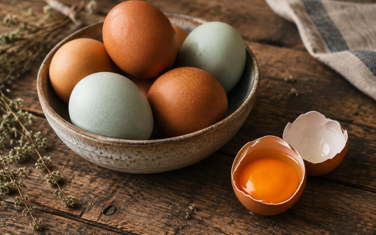Brown and blue-green farm eggs with a deep orange yolk