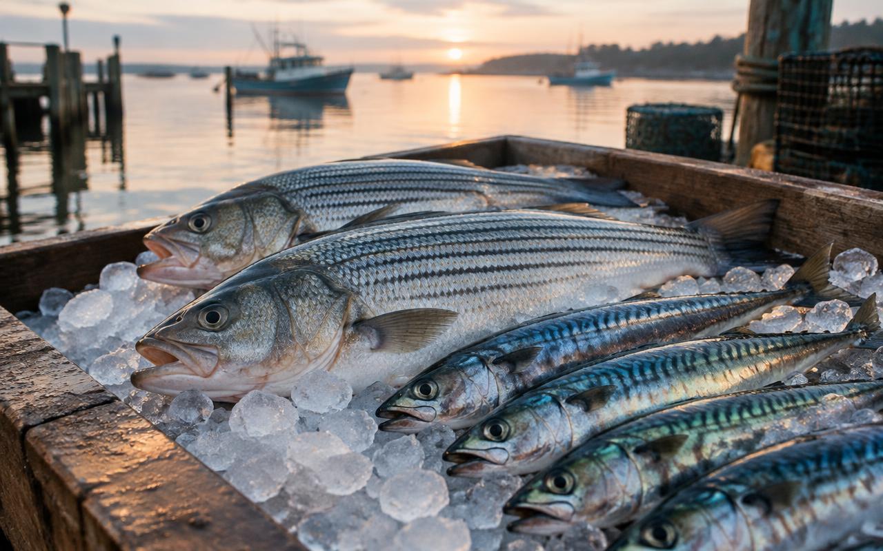 Fresh striped bass and mackerel on ice at a fishing dock