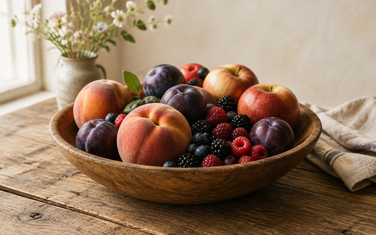 Peaches, plums, apples and berries in a wooden bowl