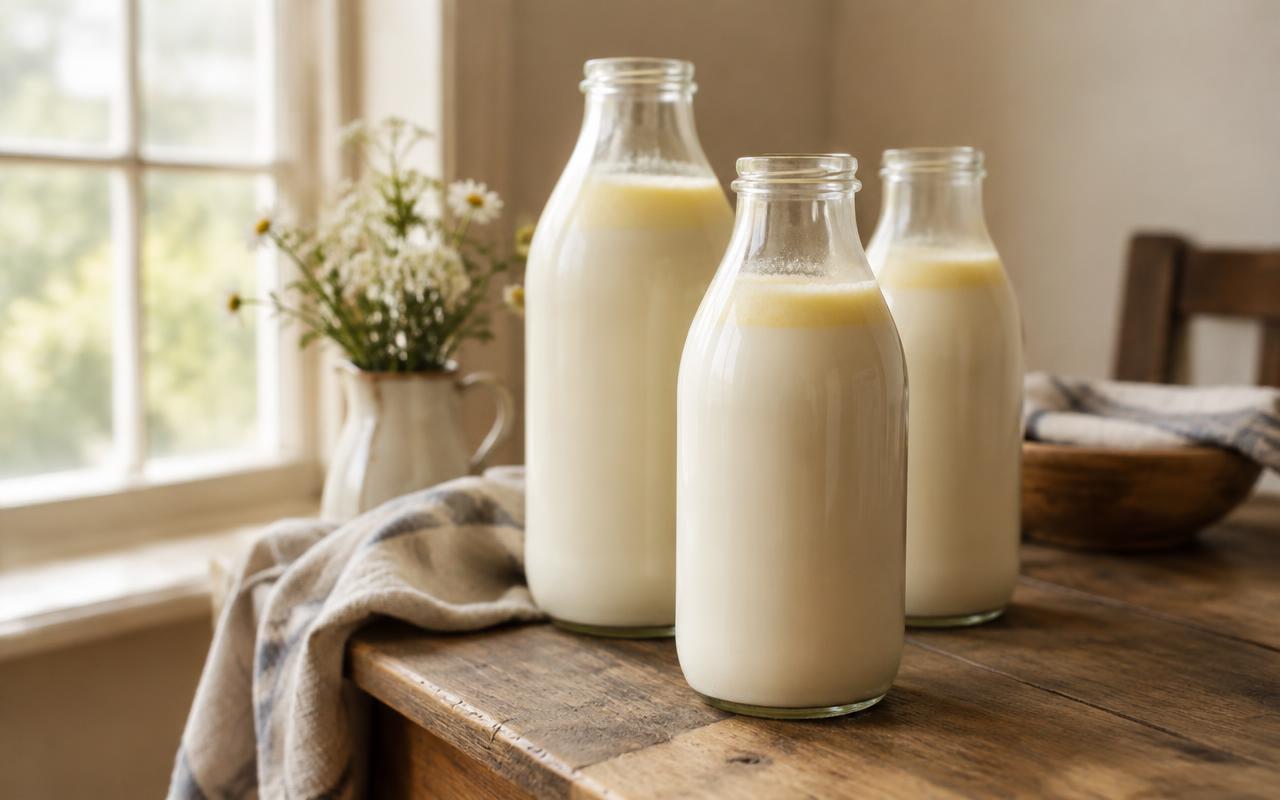 Glass bottles of whole milk with cream rising to the top