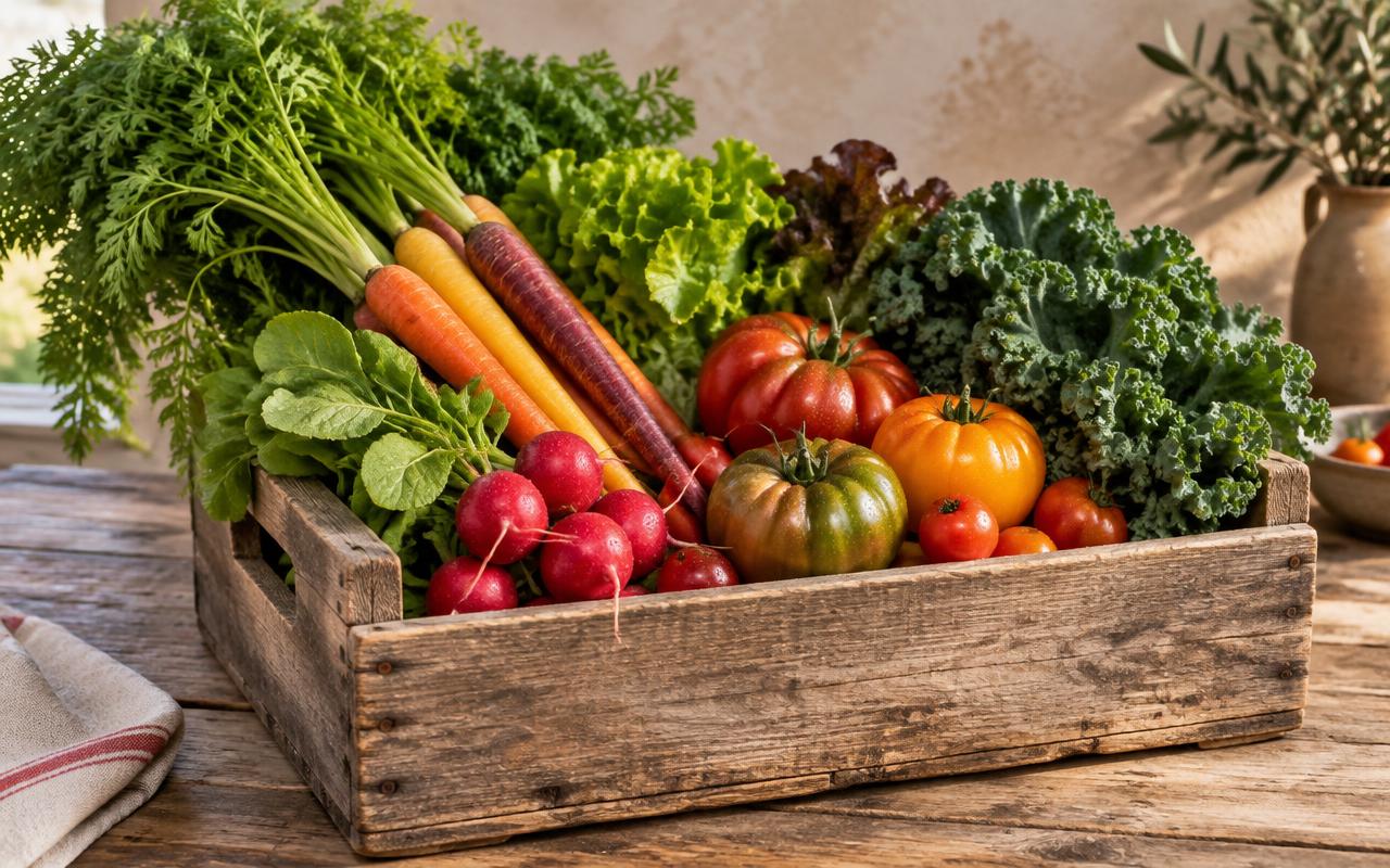 Freshly harvested tomatoes, carrots and leafy greens in a wooden crate